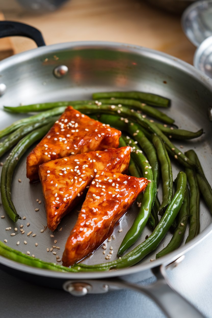 Indoor photo of glazed tempeh triangles and blistered green beans on a metal pan, sesame seeds scattered. No logos or text.