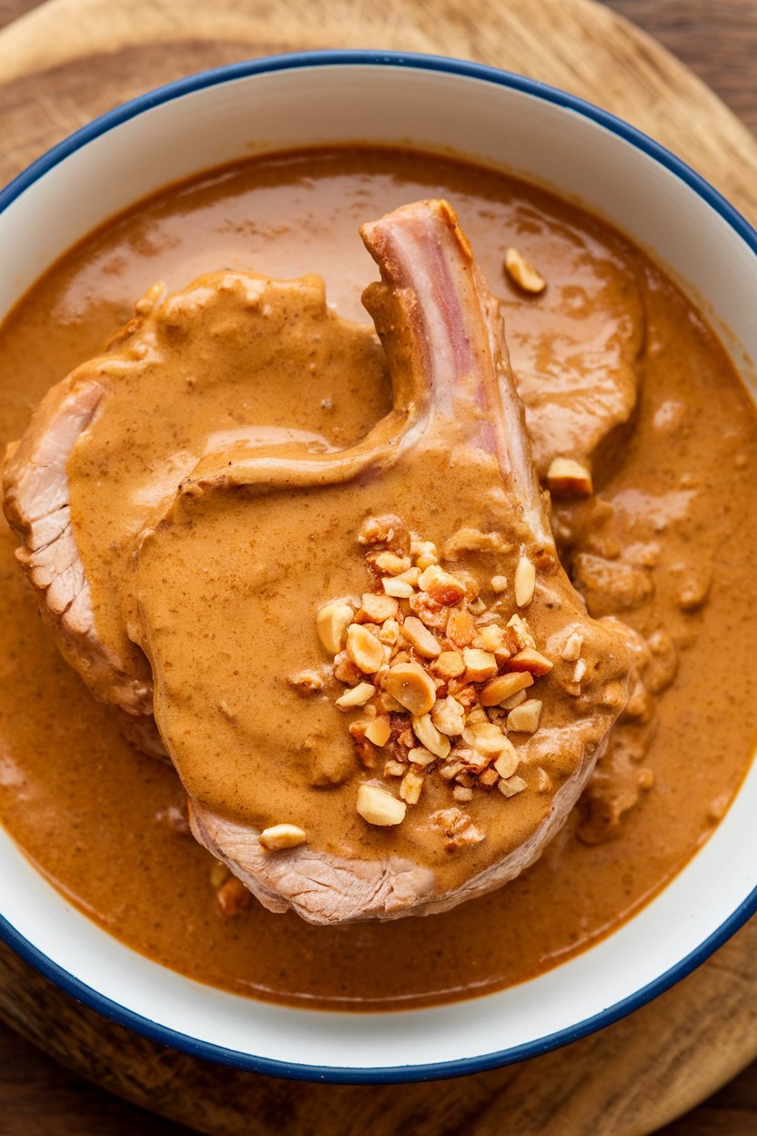 Bowl of pork chops in creamy peanut sauce, crushed peanuts sprinkled, no text or logos.