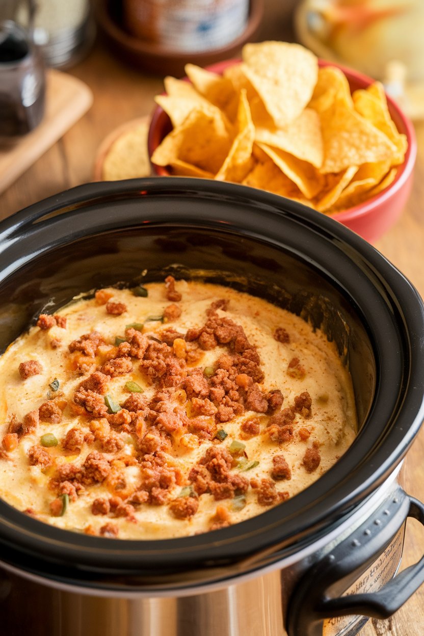 Indoor photo of a slow cooker crock filled with creamy queso dip flecked with sausage crumble and green chilies, tortilla chips in a bowl beside it. No text or logos.