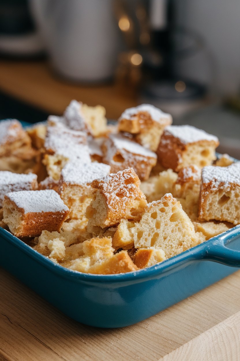 Indoor photo of a baking dish filled with cubed king cake bread pudding, icing lightly melted on top. No text or logos visible.