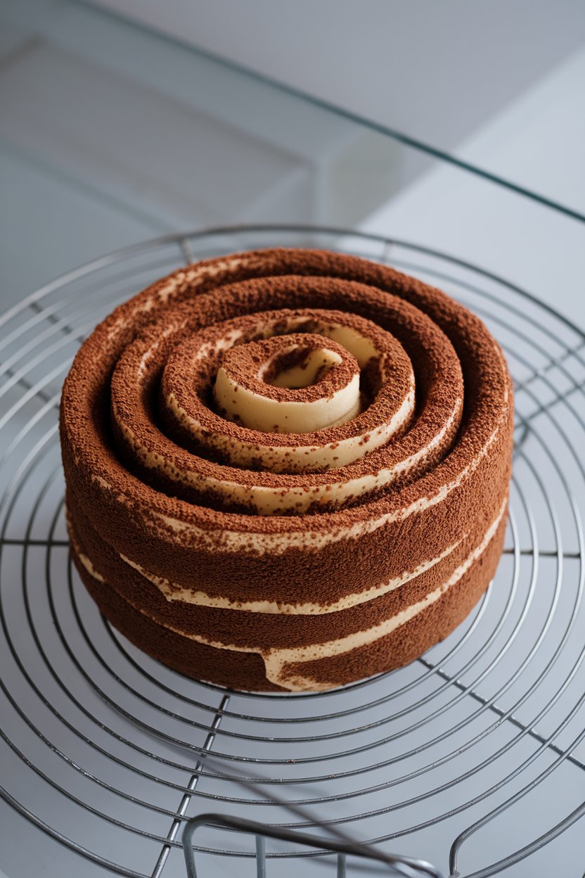 Indoor photo of a spiral cake roll dusted with cocoa, coffee soak visible in layers; no text or logos.