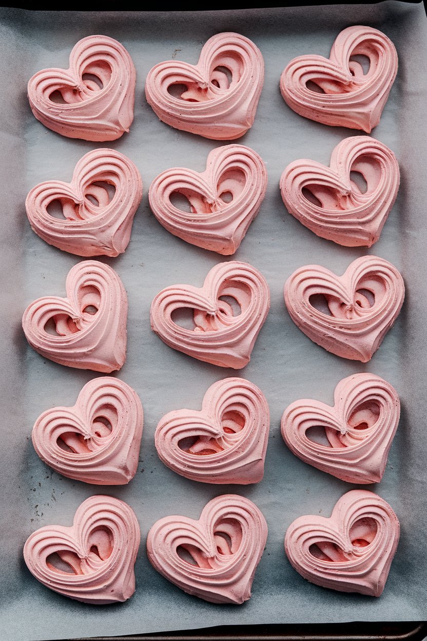 Crisp meringue hearts swirled in pink ombré, resting on a parchment-lined indoor baking sheet. No text or logos.