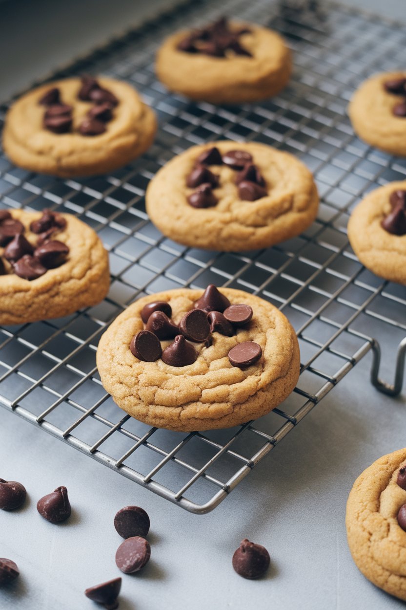 Indoor cooling rack with golden peanut butter chocolate chip cookies, a few chips scattered around. No text or logos.
