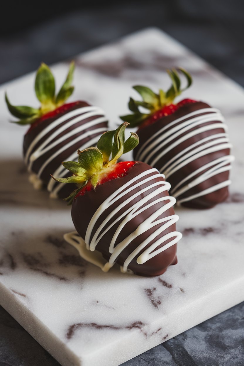 Close-up indoor photo of three chocolate-dipped strawberries with white-chocolate drizzle on a marble slab. No text or logos.