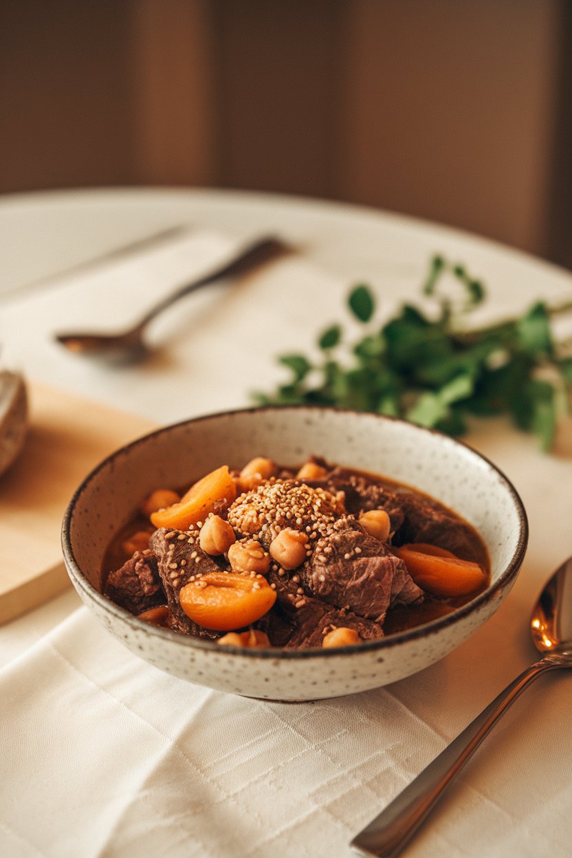Indoor table featuring a bowl of beef stew with apricots, chickpeas, and a sprinkle of sesame seeds on top. No text or logos. Photo.