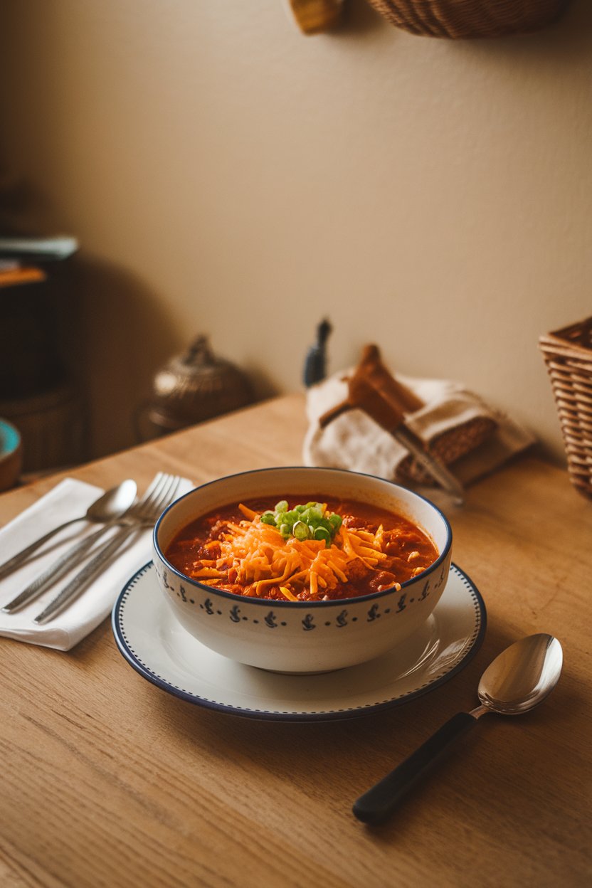 Indoor dining table featuring a bowl of turkey chili topped with shredded cheese and green onions. No text or logos.