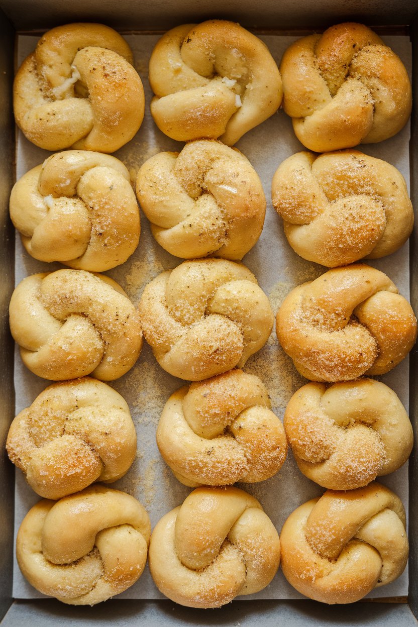 An indoor bakery tray filled with golden pizza-dough knots brushed with garlic butter and sprinkled with grated Parmesan, shot overhead—no text or logos. Photo, not illustration.
