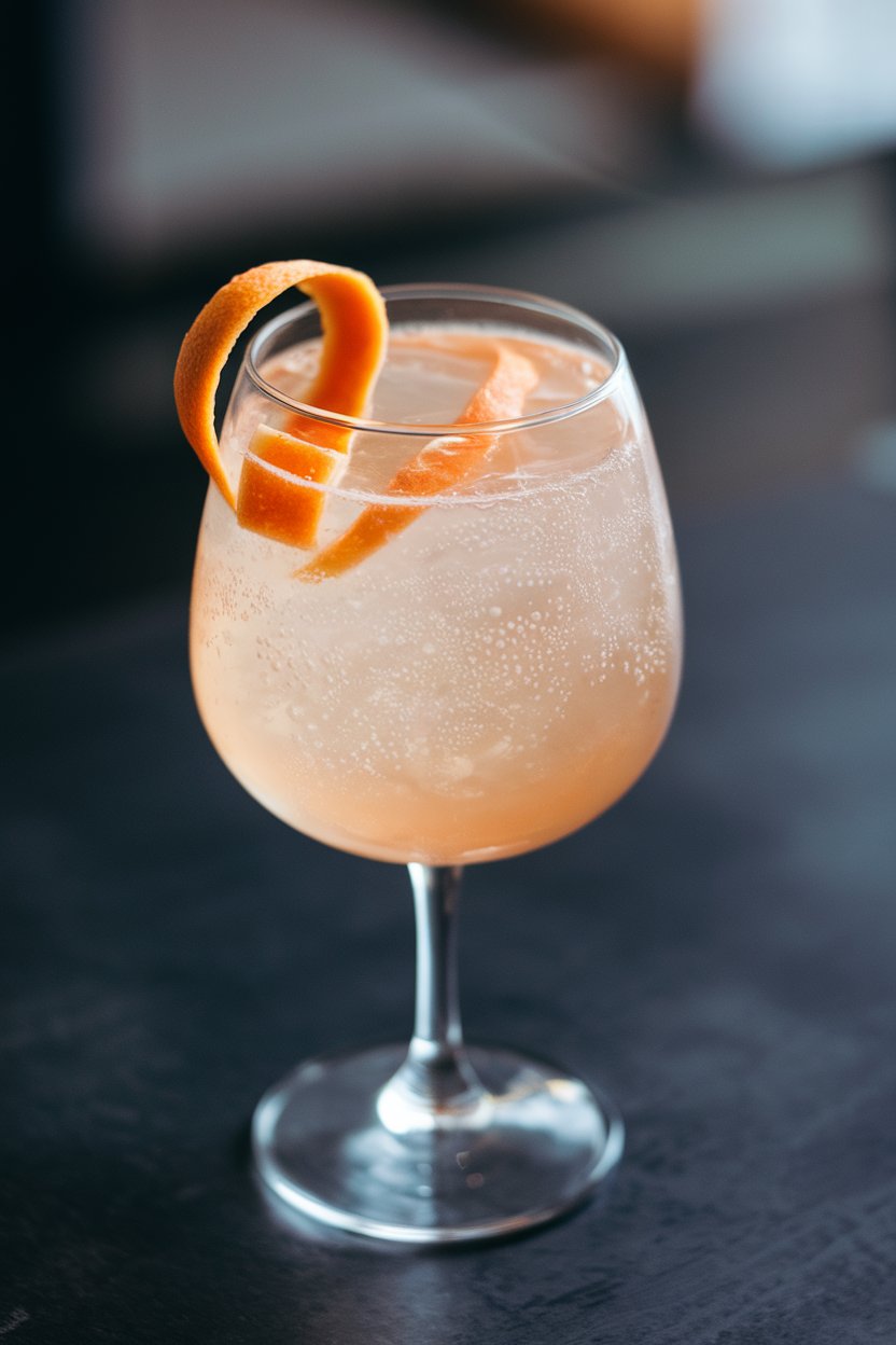 Photo of a tulip glass indoors filled with hazy pale mocktail, tiny bubbles, and grapefruit peel twist; no text or logos.