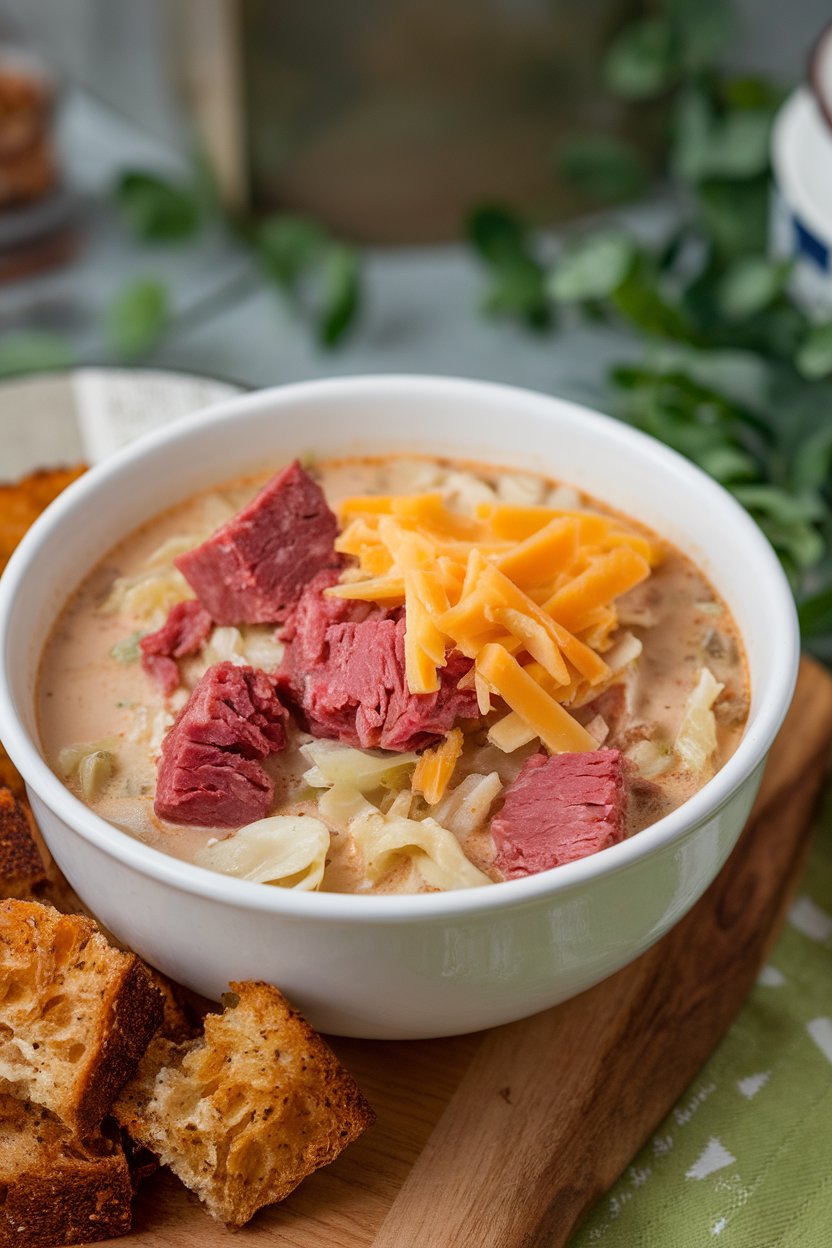 Indoor photo of reuben soup—corned beef cubes, sauerkraut, and Swiss cheese in creamy broth, rye croutons on the side. No text or logos. Photo.