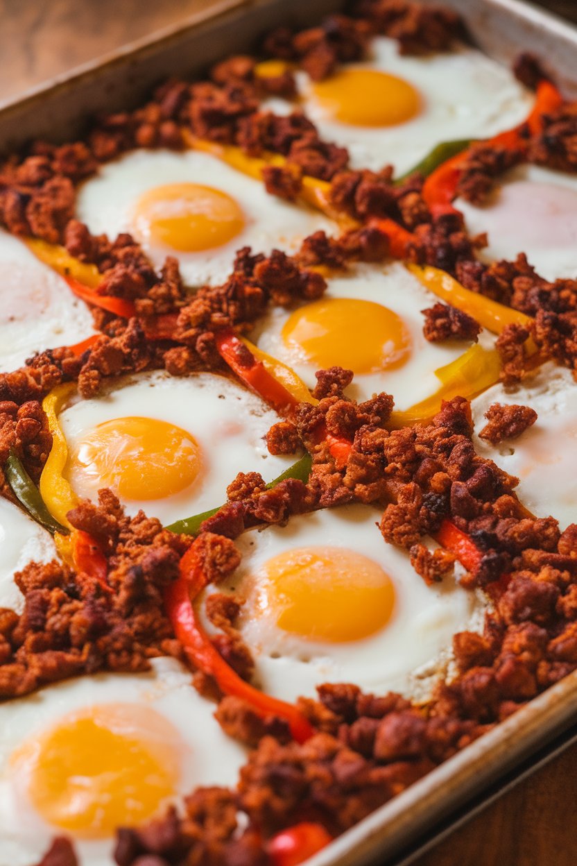 A close-up indoor photo of a sheet pan filled with baked eggs, browned chorizo crumbles, and tri-color bell peppers, cut into neat squares. No text or logos.