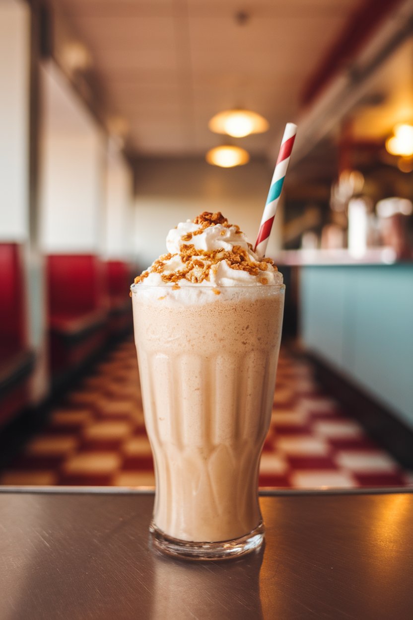 Photo of a tall milkshake glass indoors overflowing with creamy light-brown shake, whipped cream and crushed pecan topping, striped straw, retro diner vibe, no text or logos