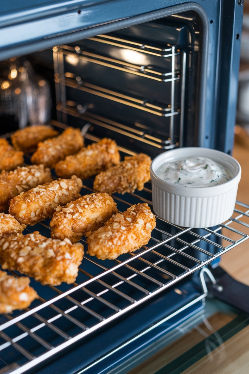 An indoor oven rack holding a sheet of golden almond-crusted chicken tenders with a ramekin of Greek yogurt ranch on the side. No logos or text shown.
