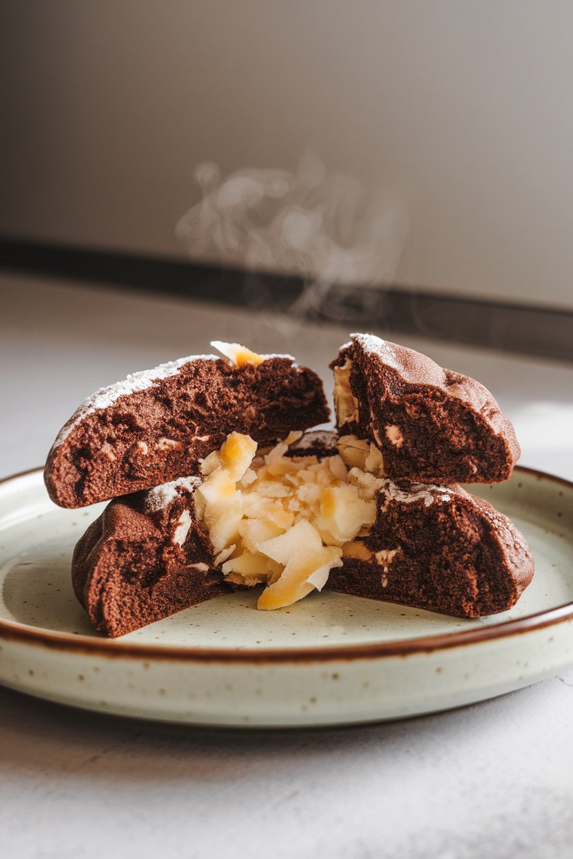 Photo of a broken-open chocolate cookie showing molten coconut filling, indoor plate setting, steam faintly visible. No text or logos.