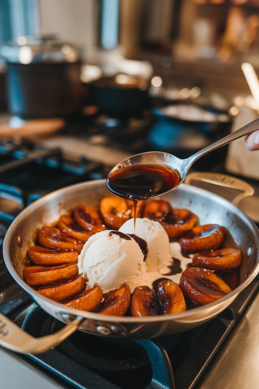 An indoor restaurant setting showing a shallow pan of caramelized bananas in rum sauce being spooned over vanilla ice cream. No text or logos. Photo.