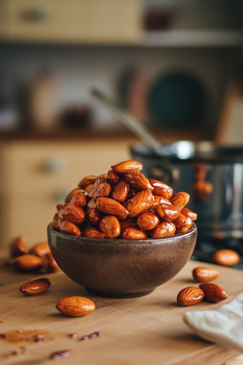 Indoor bowl of roasted almonds coated in chili honey glaze, no text or logos