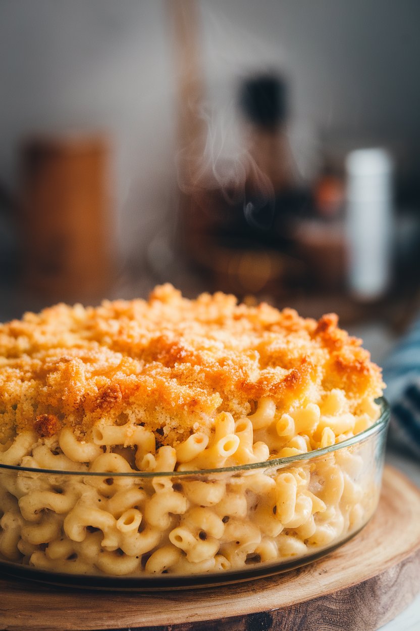 An indoor casserole dish of creamy macaroni and cheese, golden crumbs sprinkled on top, steam rising; photo only, no text or logos.