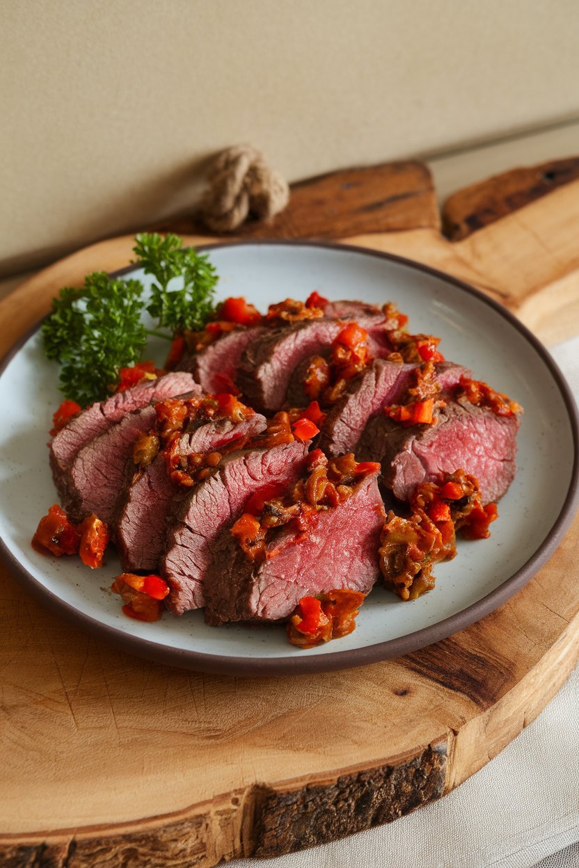 Indoor plate with beef slices covered by chunky red pepper and olive tapenade, parsley garnish. No logos or text.