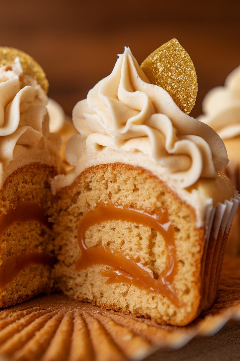 Close-up indoor photo showing caramel ribbons running through cut-open cupcake, frosting piped high, gold sugar accent, no text or logos