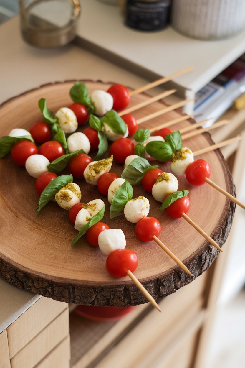 An indoor serving tray with bamboo skewers of cherry tomatoes, mini mozzarella, and basil leaves, lightly drizzled with pesto; no text or logos.