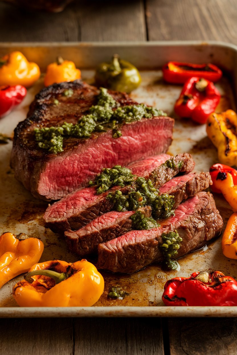 Indoor shot of sliced medium-rare steak drizzled with chimichurri, surrounded by roasted mini bell peppers on a sheet pan. No text or logos.