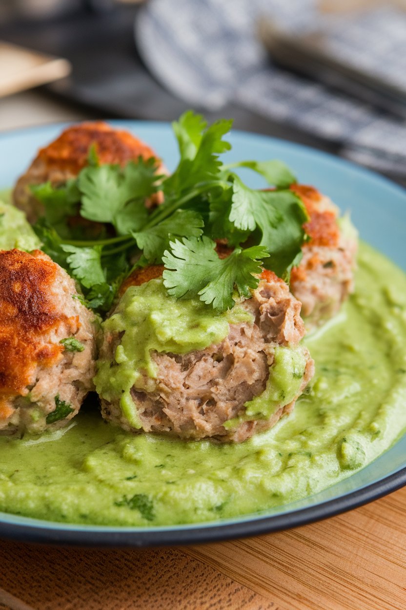 An indoor plate showcasing turkey meatballs bathed in green salsa, sprinkled with fresh cilantro. No text or logos.