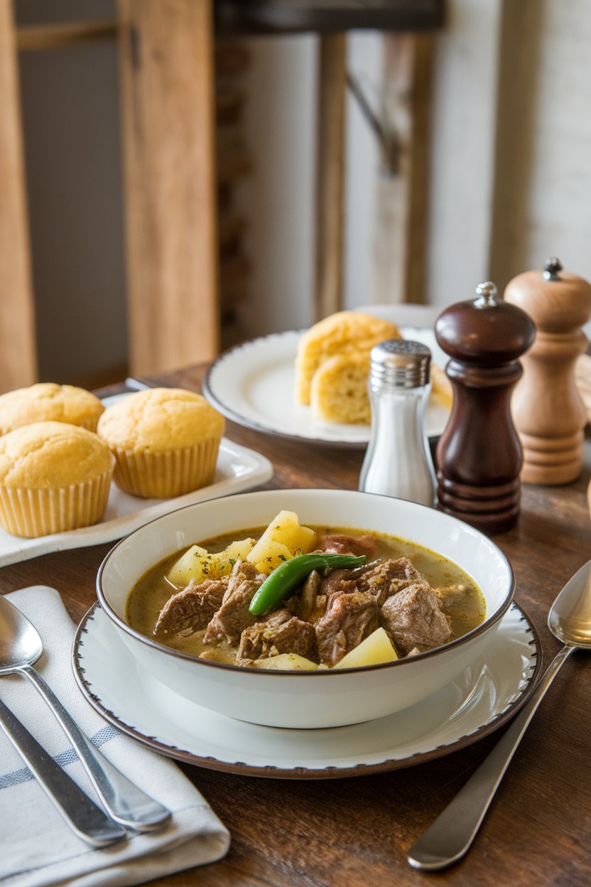 Indoor southwest table featuring a bowl of beef stew with Hatch green chiles and potatoes in a light green broth. No text or logos. Photo.