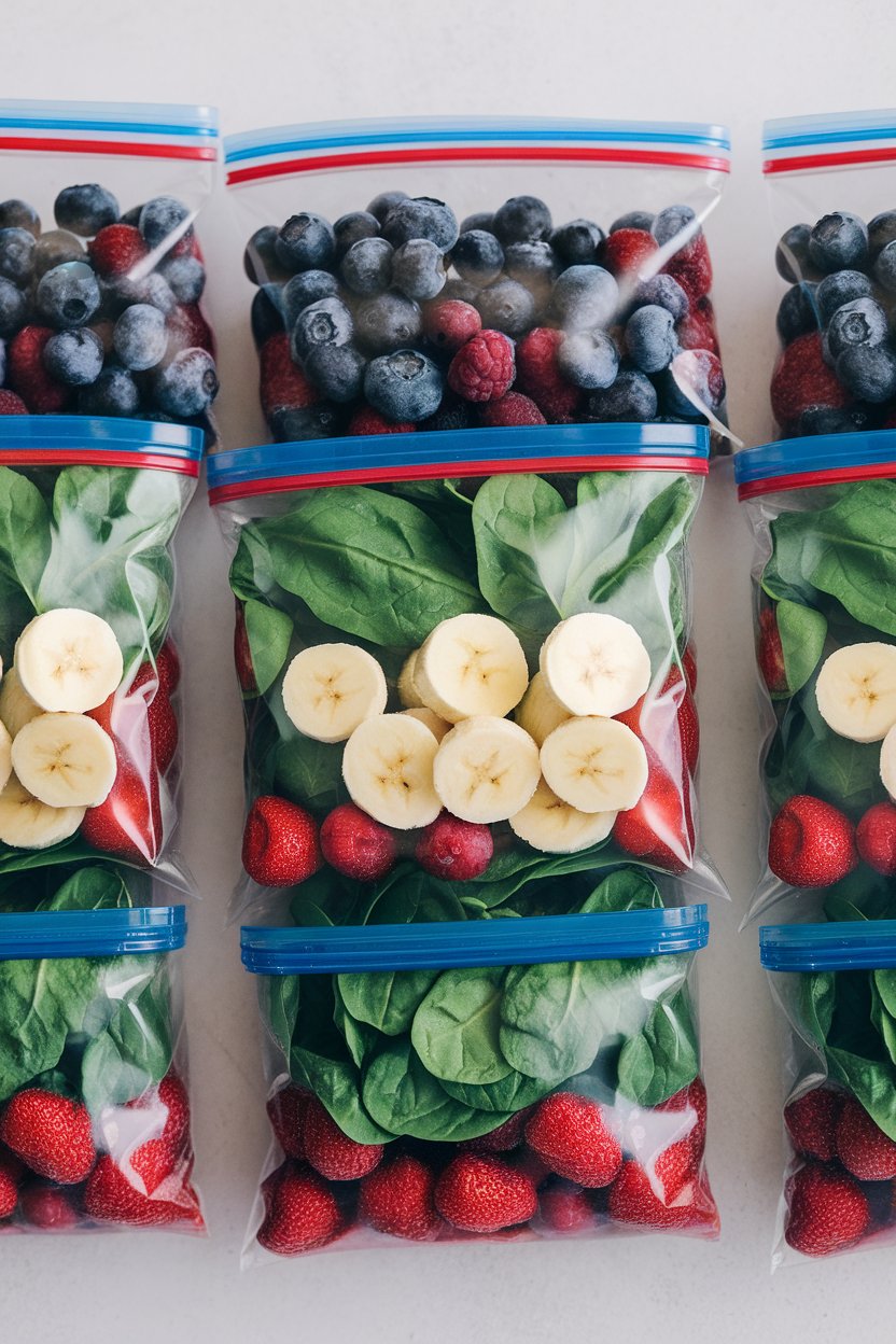 Indoor photo of zip-top freezer bags filled with frozen berries, spinach leaves, and banana slices waiting for the blender. No text or logos.