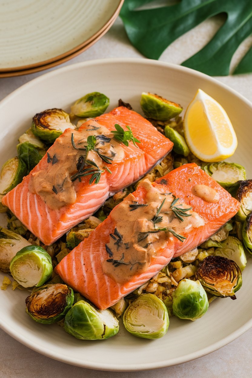 Indoor photo of salmon fillets glazed with maple-Dijon, shredded Brussels sprouts roasted into a hash around the fish; no logos
