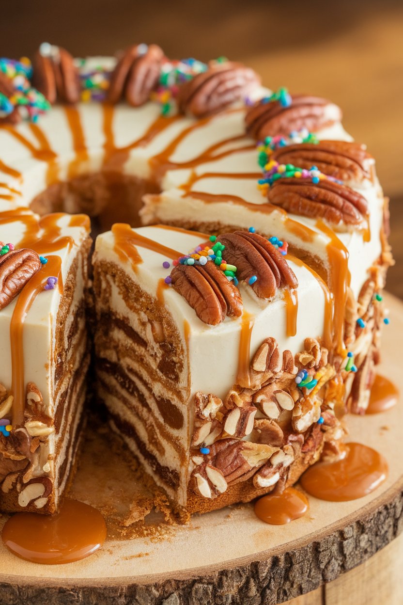 Photo taken indoors of a cut king cake showing pecan-praline filling oozing slightly; caramel drizzle on top; no text or logos.