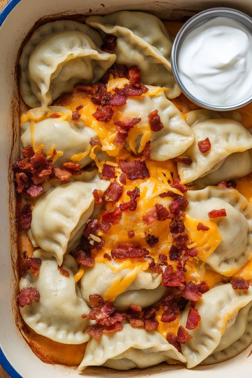 Indoor photo of layered pierogi, sautéed onions, bacon bits, and melted cheddar in a casserole dish. Steam gently rising; no branding.