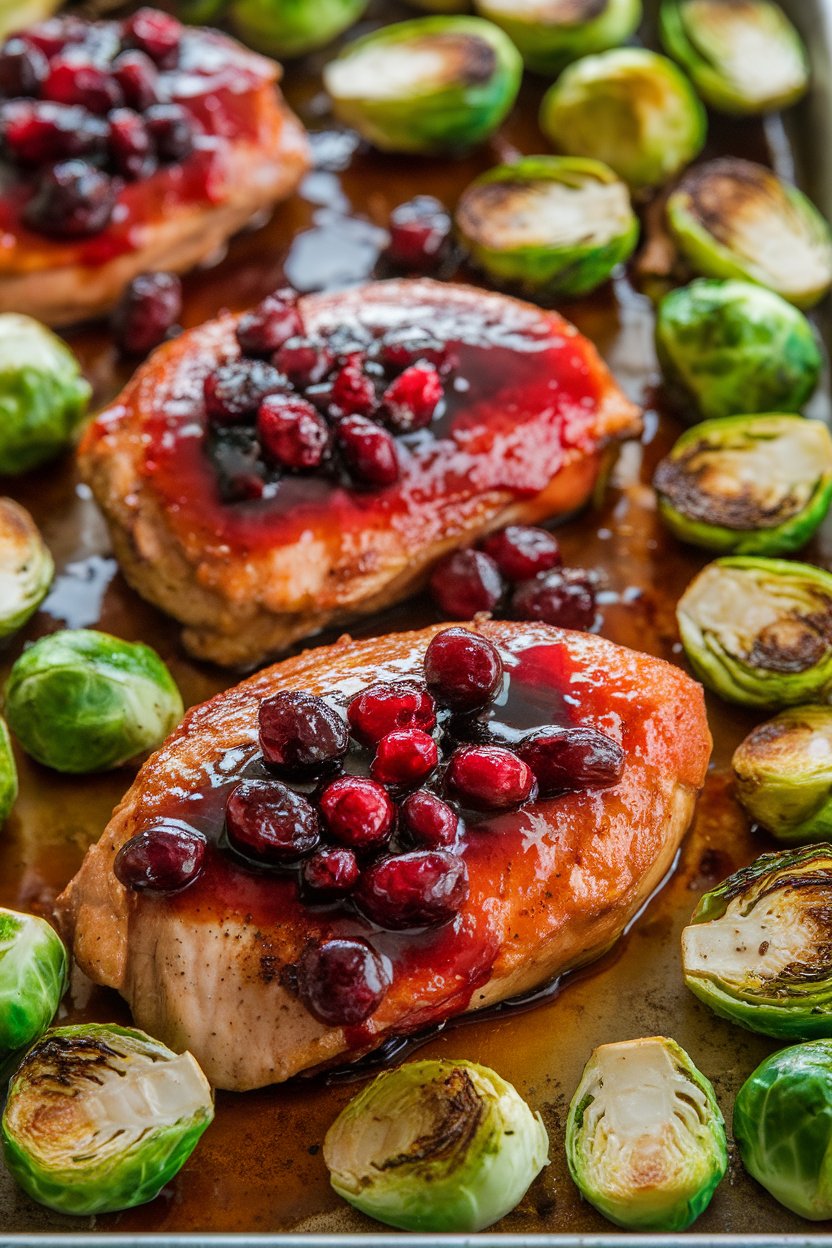Indoor photo of chicken breasts glazed ruby-red with cranberry-balsamic reduction, roasted Brussels sprouts alongside on a sheet pan. No text or logos.