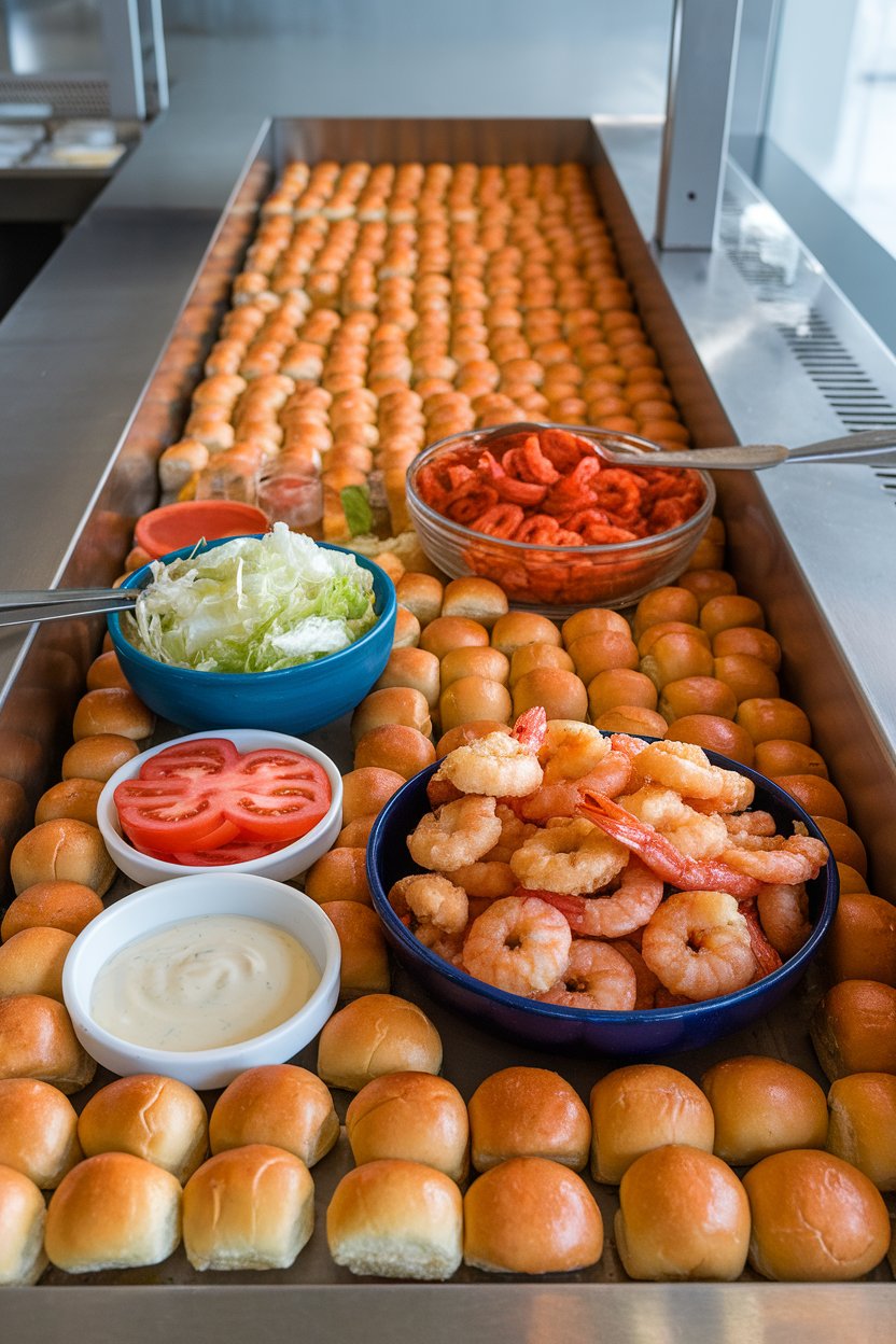An indoor counter lined with small French rolls, bowls of fried shrimp, shredded lettuce, sliced tomato, and remoulade, set up like a self-serve station. No text or logos present.