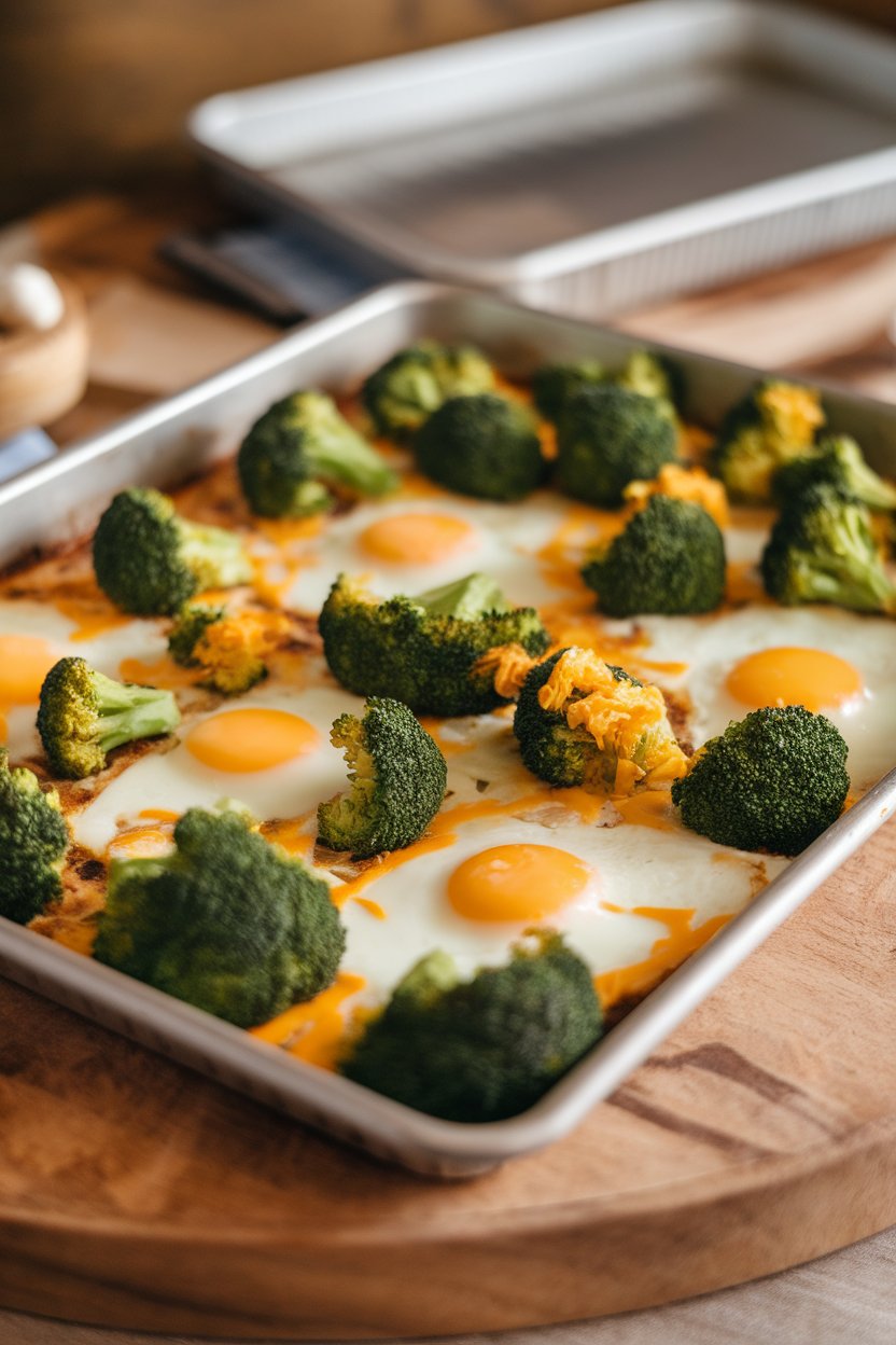 A close-up indoor photo of a sheet pan covered in emerald broccoli florets, baked eggs, and melted sharp cheddar. No text or logos.