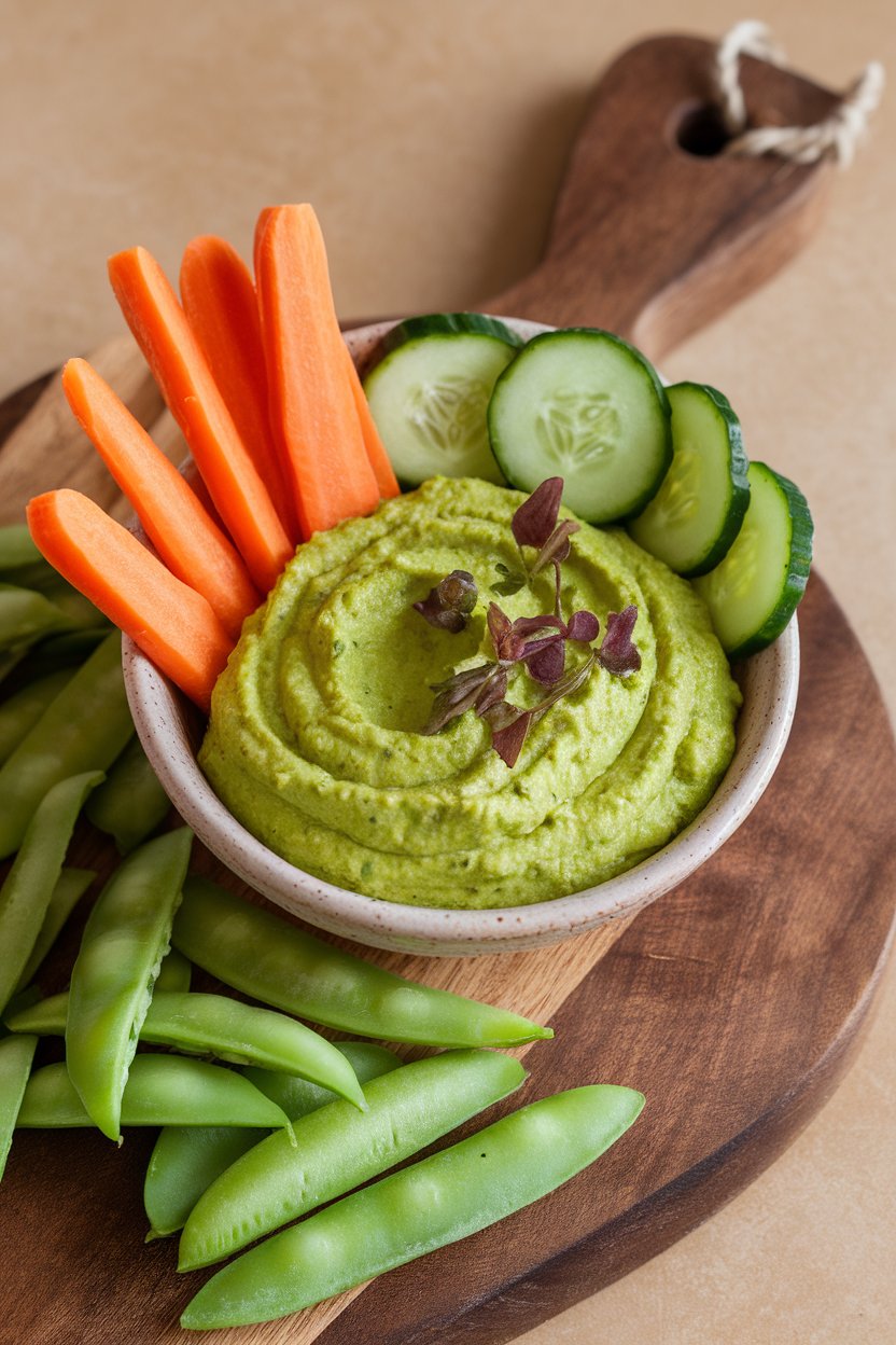 Indoor photo of a bowl of vibrant green dip surrounded by carrot sticks, cucumber coins, and sugar snap peas, no text or logos