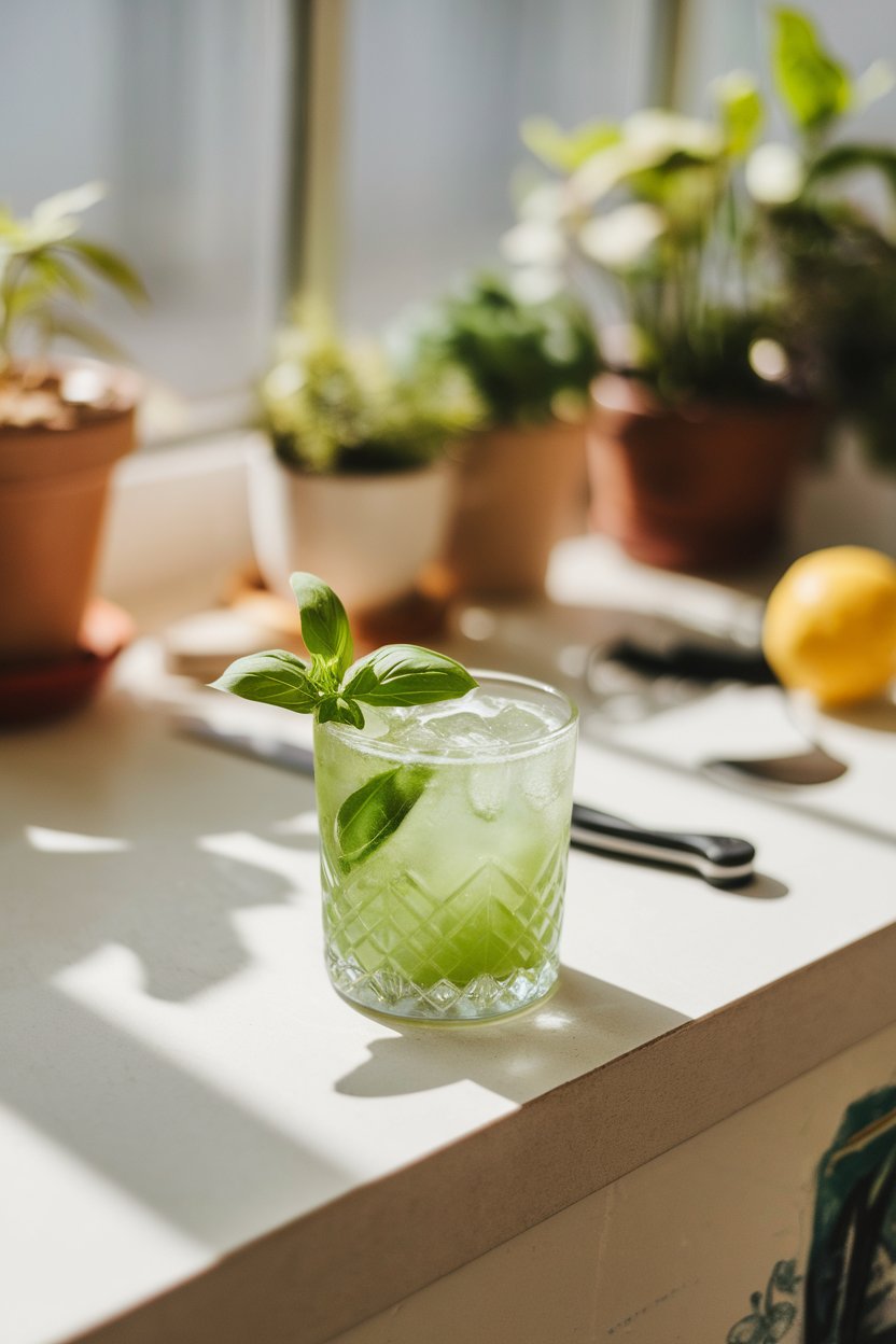 An indoor sunlit counter featuring a green-tinted rocks glass of Gin Basil Smash, basil leaves pressed against glass, no text or logos. Photo only.