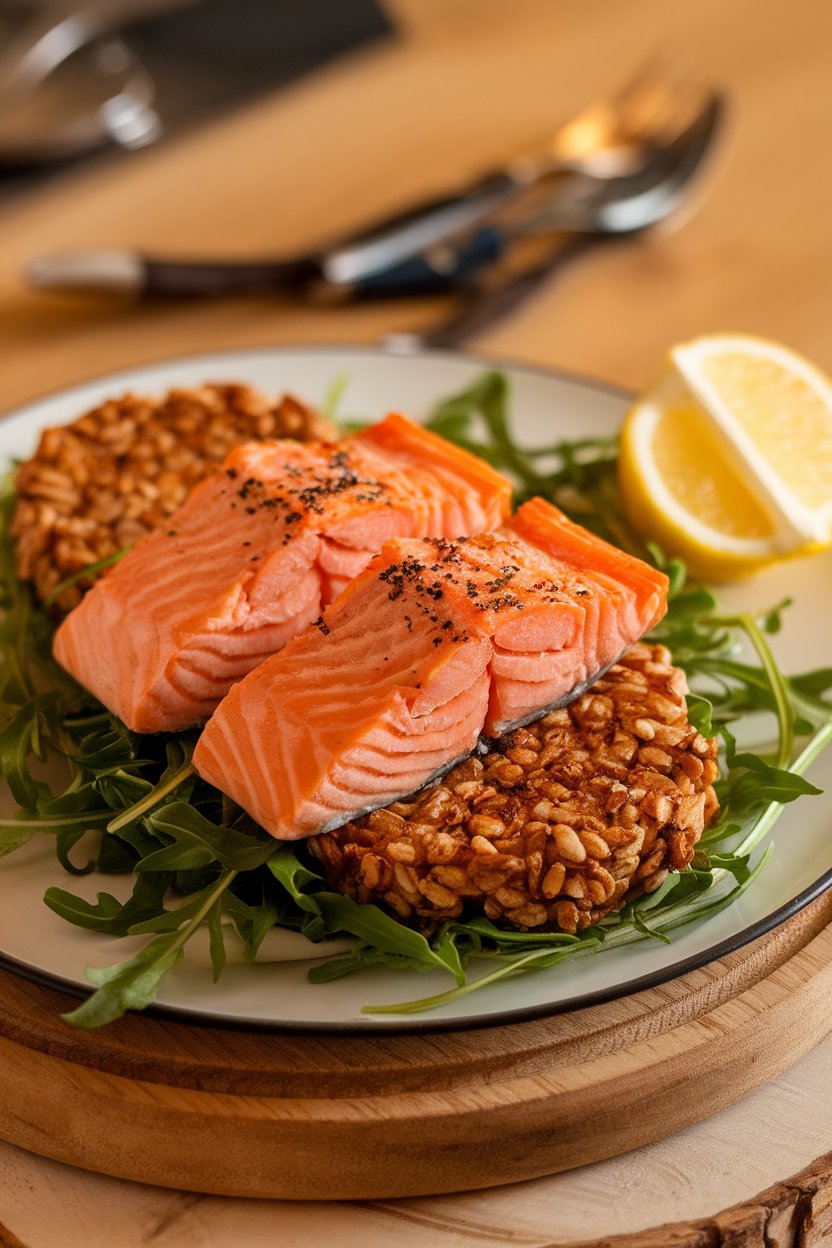 Photo indoors of golden salmon and farro cakes on a bed of arugula, lemon wedge nearby, no logos.