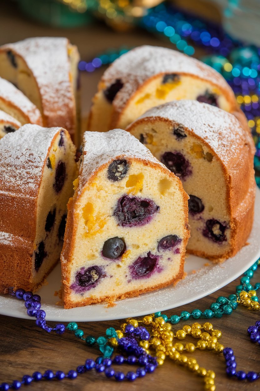 Photo of a sliced king cake showing pockets of blueberry filling and lemon zest; soft indoor lighting; no text or logos.