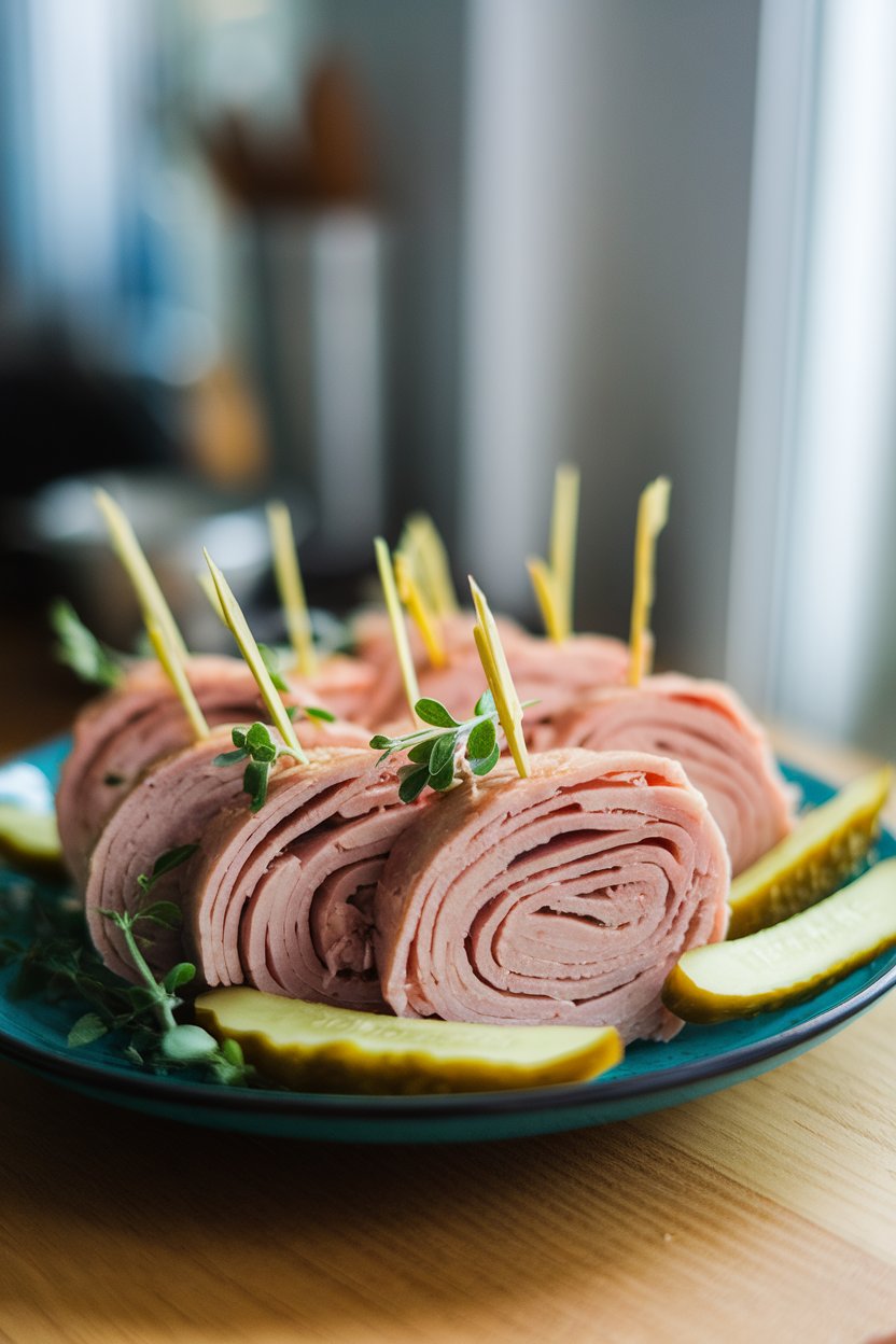 Indoor plate of turkey slices rolled around pepper jack strips and pickle spears, no text or logos
