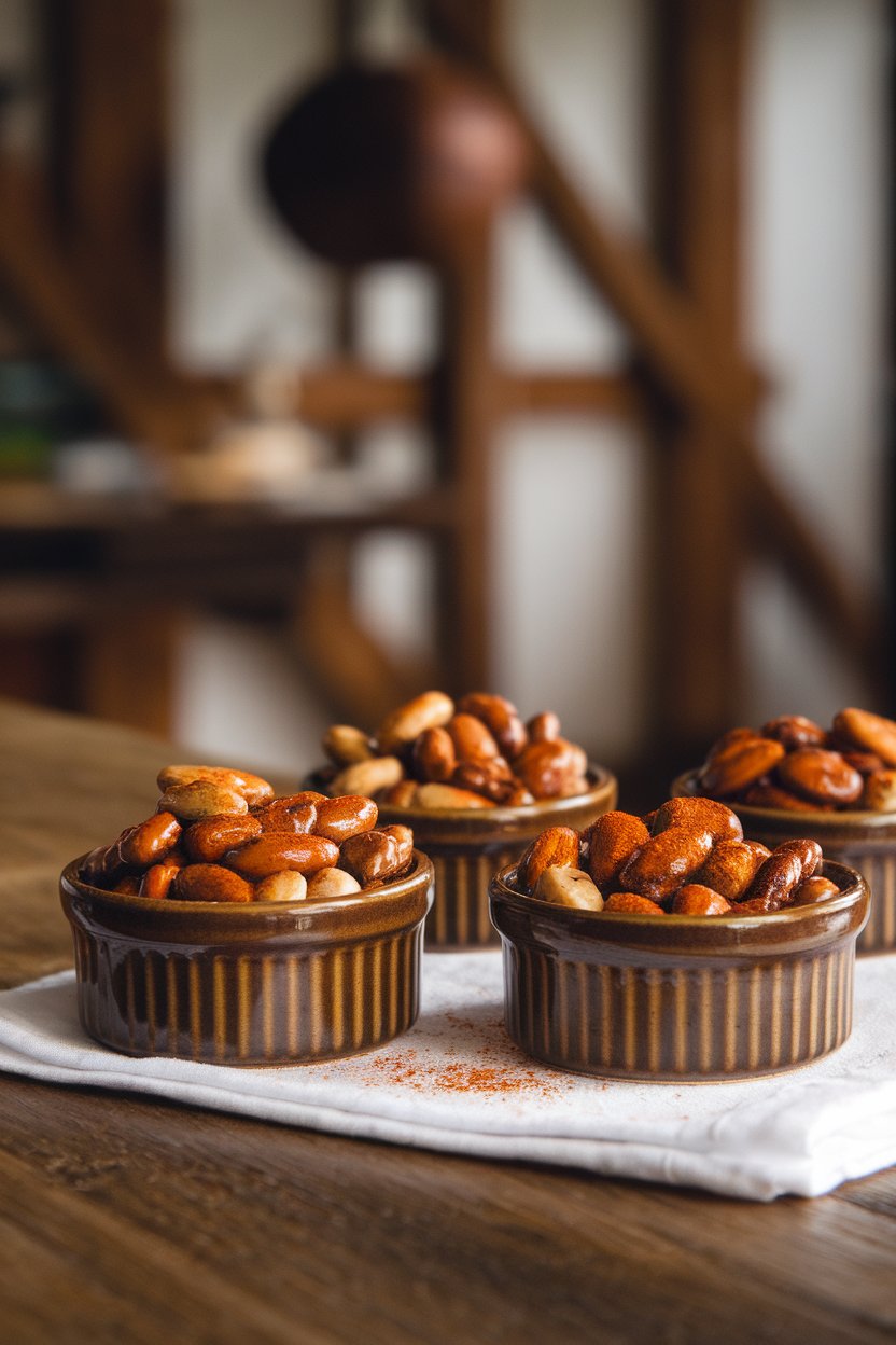 Photo prompt: Indoor ceramic ramekins filled with mixed nuts coated in shiny maple glaze and dusted with cayenne. No logos or text. Photo, not illustration.