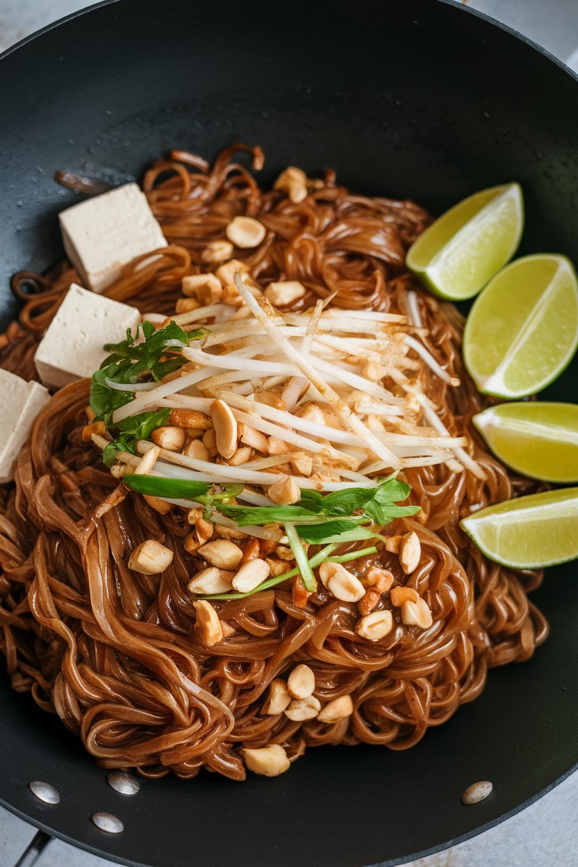 An indoor wok containing glossy rice noodles tossed with tofu, bean sprouts, peanuts, and lime wedges on the side. No text or logos. Photo.