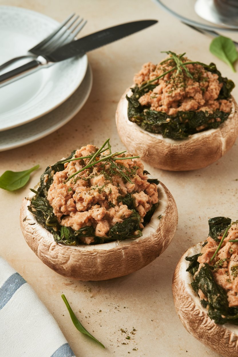 Photo of large baked mushroom caps filled with ground turkey and spinach mixture, sprinkled with herbs, indoor table setting. No text or logos.