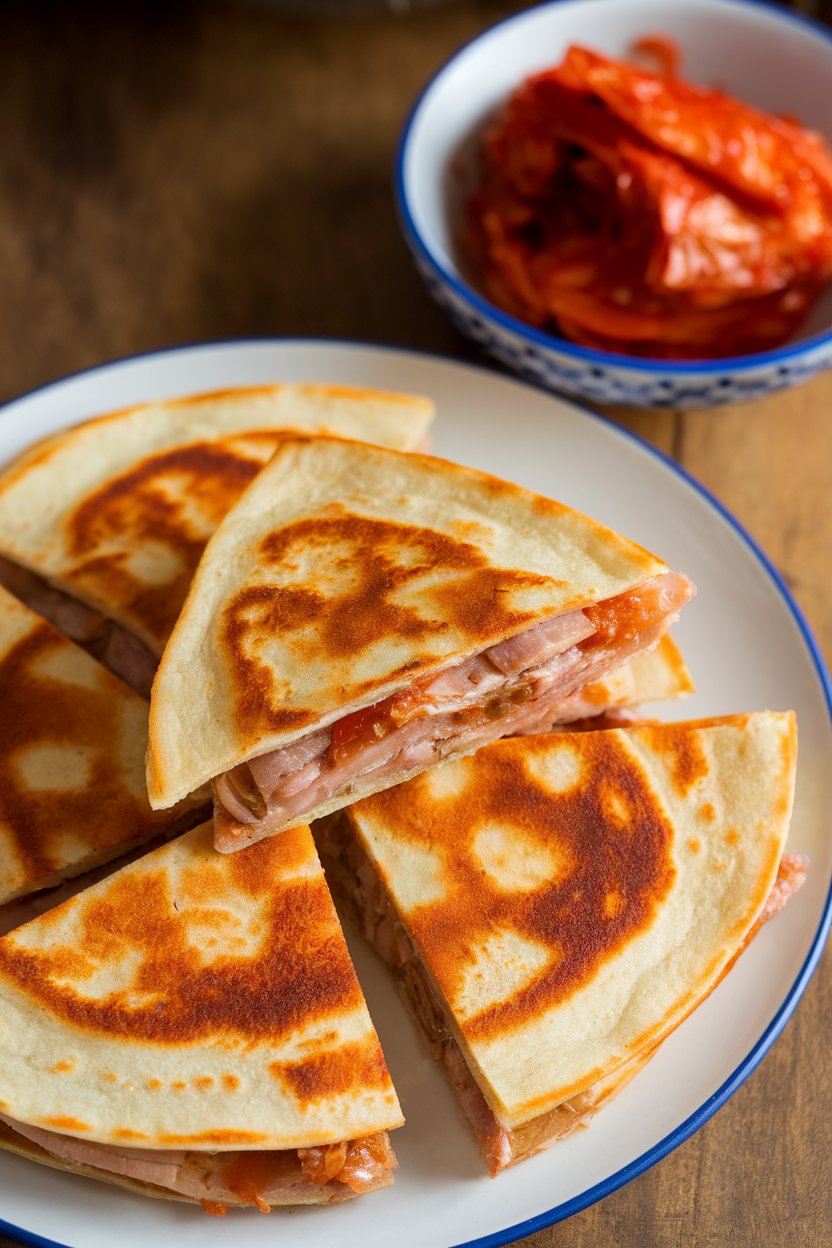 Indoor shot of kimchi-and-pork-belly quesadilla wedges, red kimchi edges visible, no text or logos.