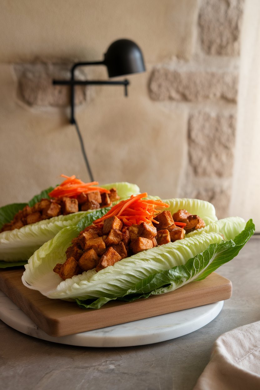 Photo prompt: Indoor platter holding crisp romaine leaves filled with sautéed peanut-glazed tofu crumbles and shredded carrots. No text or logos. Photo, not illustration.