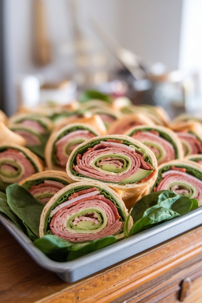 Indoor tray of pinwheels filled with turkey, bacon, avocado slices, and spinach leaves, cross-sections visible. No text or logos.