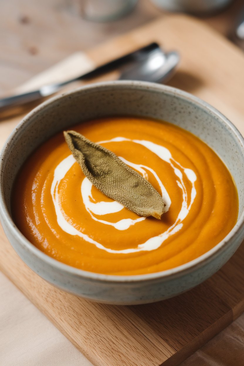 Indoor table with a smooth orange pumpkin soup, drizzle of cream in a swirl, and a fried sage leaf on top. No text or logos. Photo.
