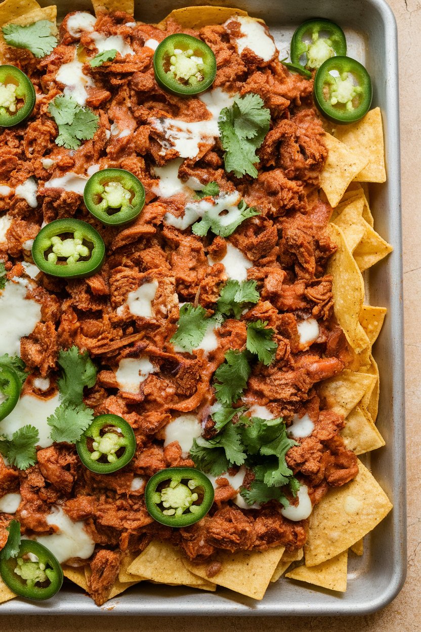 A sheet pan indoors featuring nachos with tomatillo pork, melted queso fresco, and cilantro; no text or logos, photo not illustration.