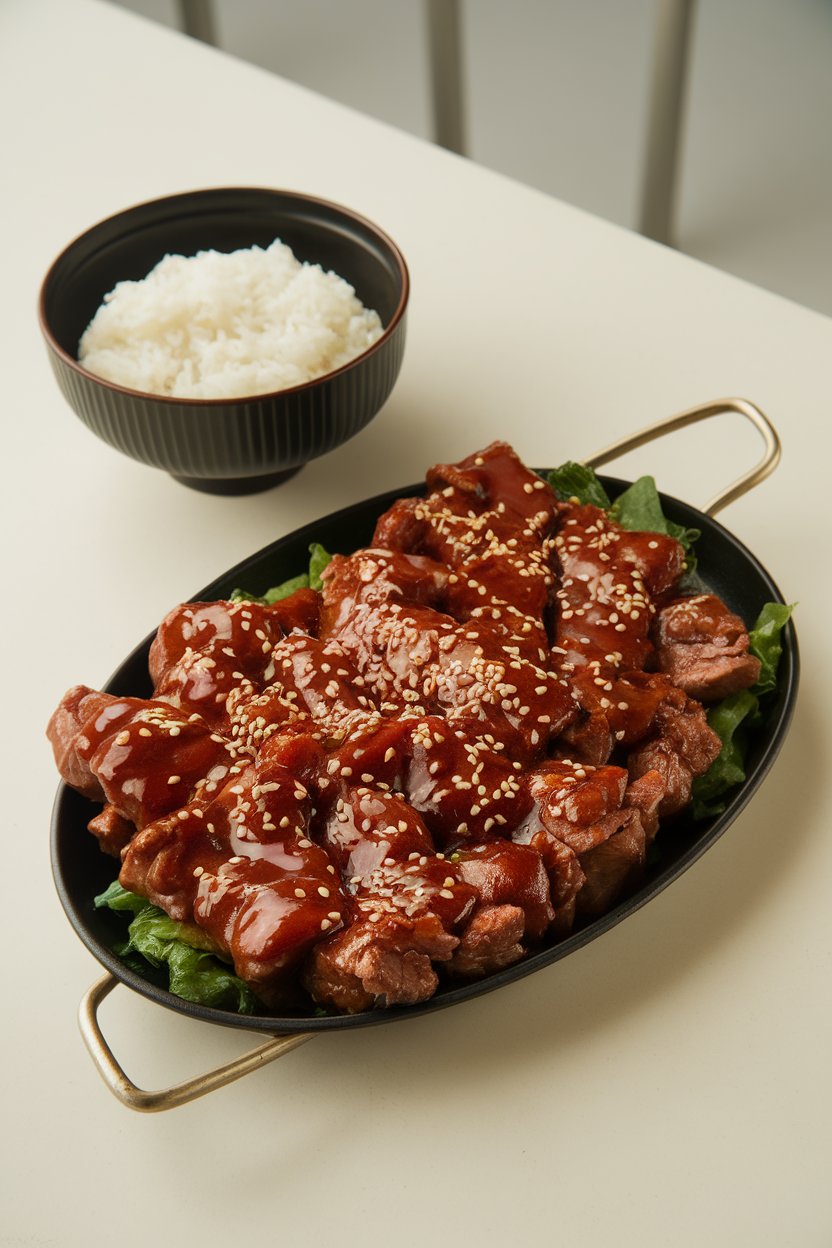 Indoor platter of beef glazed in shiny teriyaki sauce, sesame seeds sprinkled, rice bowl nearby. No logos or text.