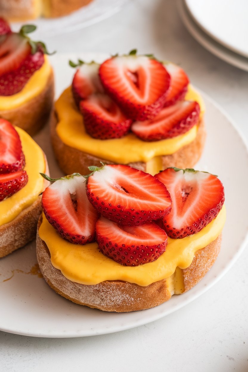 Indoor photo of thick brioche slices dipped in egg batter, cooked until golden, and topped with sliced strawberries arranged like rose petals, no text or logos