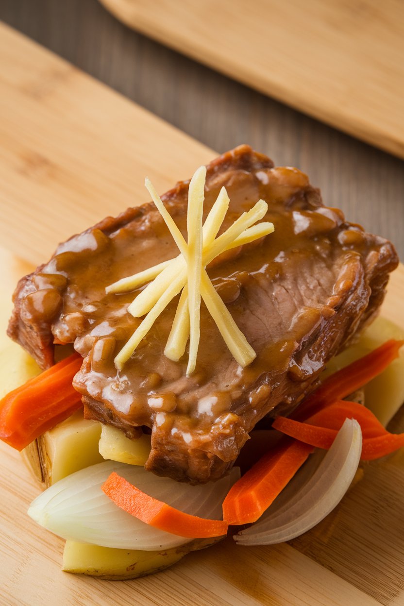 Indoor photo of short ribs glazed with light brown miso sauce, garnished with thin ginger matchsticks; no text or logos