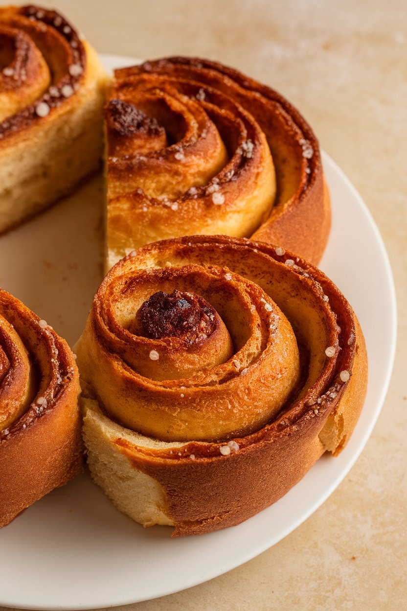 Indoor photo of thick brioche slices swirled with cinnamon and lightly brushed with espresso glaze, no text or logos